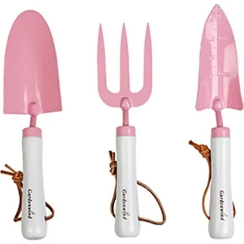 Pink 3'lü Set, White Wood Handle, Mini Harrow, Mini Shovel Garden Set, garden Hand Tools, Garden Regulator