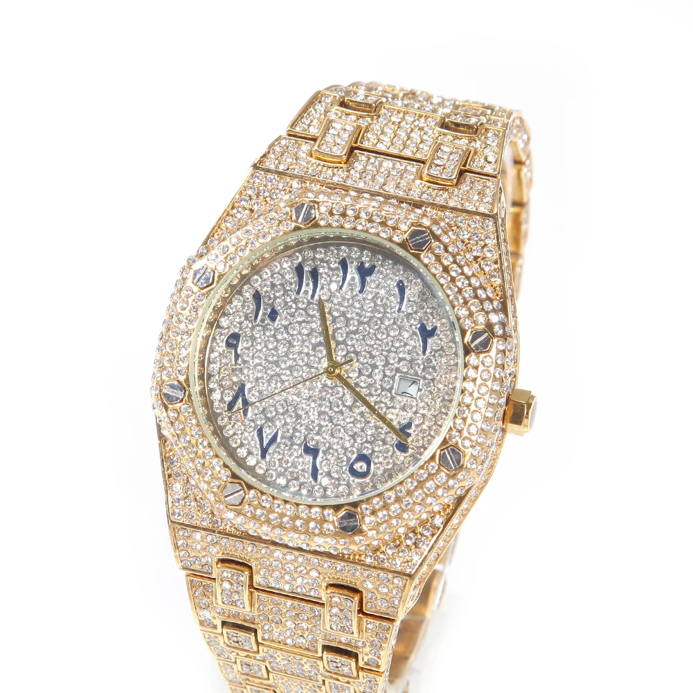 THE BLING KING-Montre de luxe avec chiffres arabes pour homme, style hip hop, en or 18 carats, bijou classique, idée cadeau