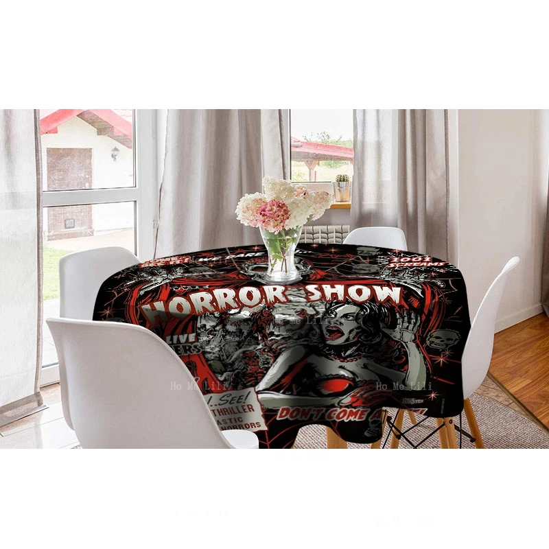 Psychedelic Grim Skeletion Poster And Spook Show Horror Movie Monsters Vintage Style Print Round Tablecloth By Ho Me Lili