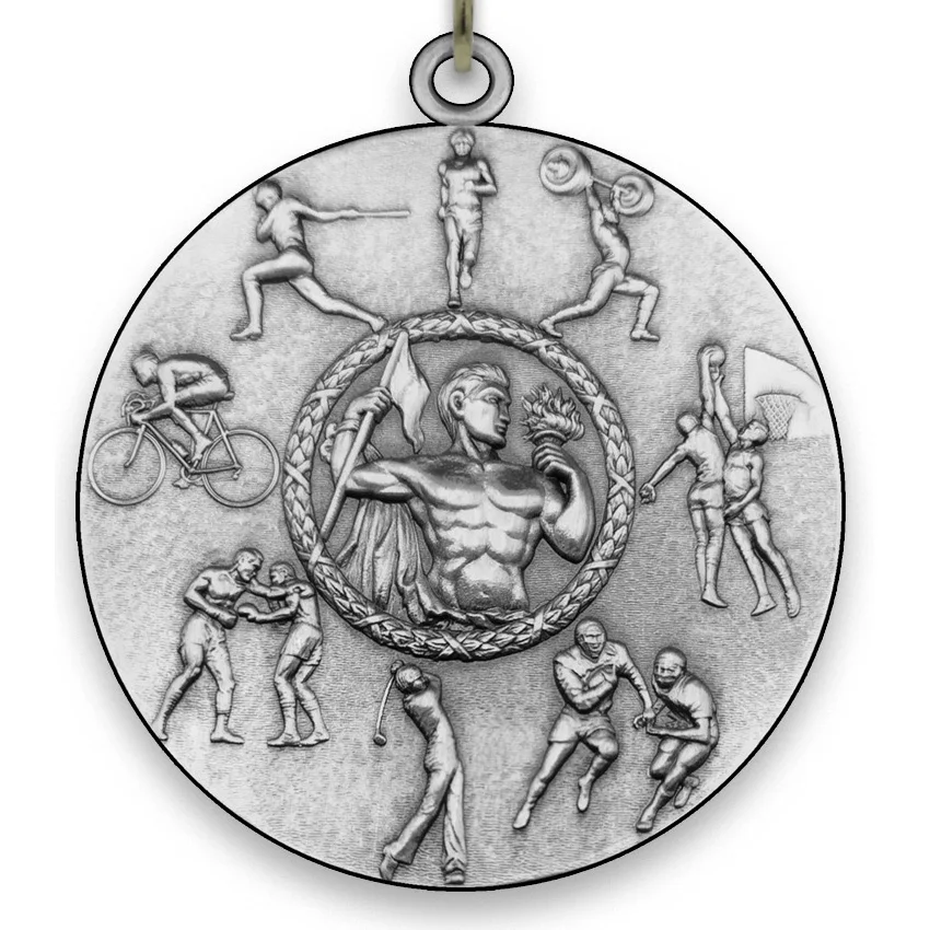 Large Metal All Sports Medal - Male - Silver - 6,4 cm - with Neck Ribbon size 2,2cm x 80 cm - Choice of Ribbon Colours.