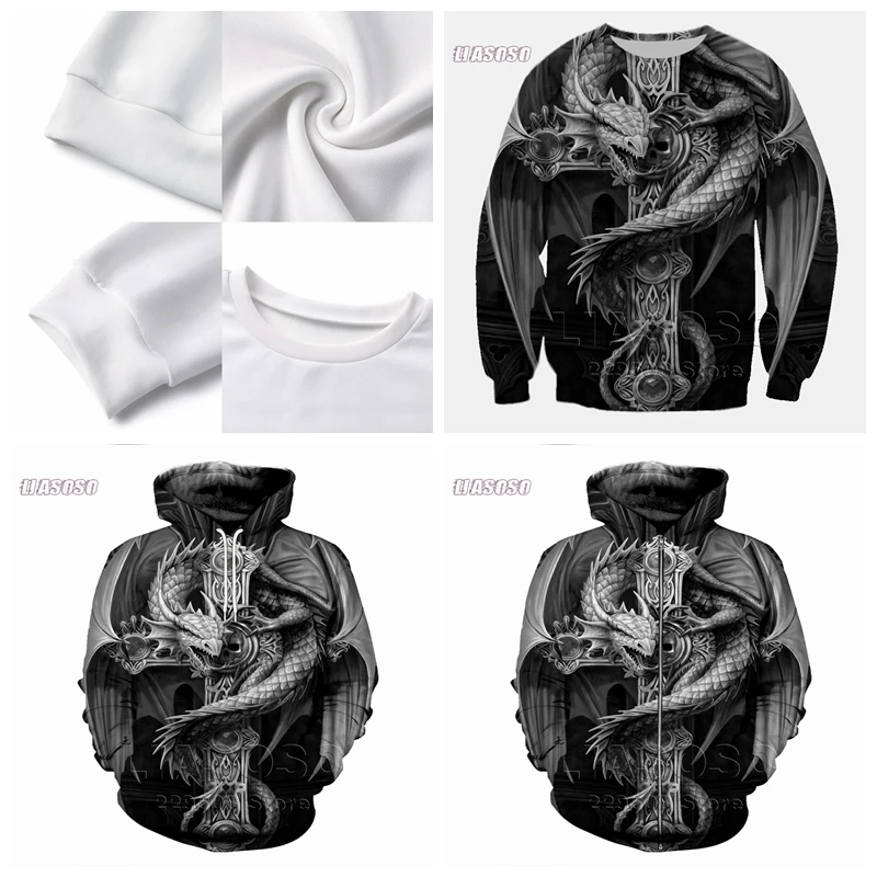 LIASOSO New Fashion All Over Printed Dragon Skull Black  Sweatshirt Men Women Zip Hoodie Crewneck Pullover Streetwear