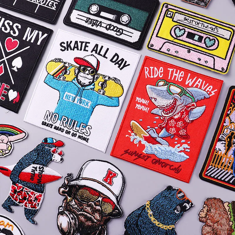 Skate Monkey Embroidery Patch Iron On Patches For Clothing Thermoadhesive Patches On Clothes Surfing Shark Patch Stripes Sticker