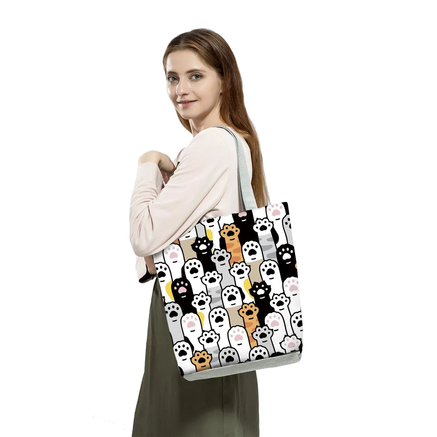 Cute Cartoon Floral Cat Print Women Shopping Bag Shoulder Bag Eco Storage Handbags Reusable Portable Foldable Grocery Tote Bags