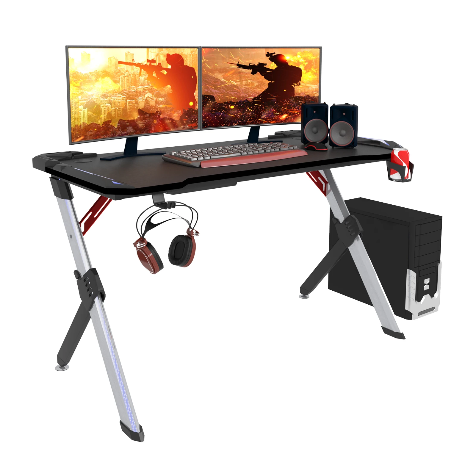 Gaming Table with RGB LED Lighting Ergonomic Computer PC Desk with Cable Box Cup Headphone Holder Gamer Table