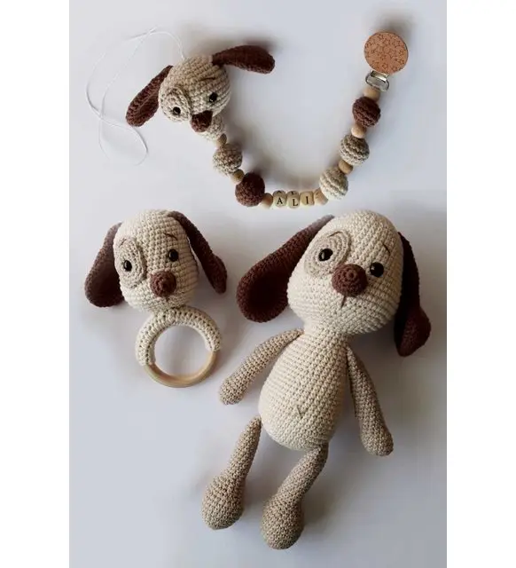 Bé Sơ Sinh Amigurumi Móc Bằng Bé Búp Bê Hữu Cơ Đồ Chơi Bộ Đồ Ngủ Chó Lục Lạc Miếng Dán Ngủ Đồng Hành Núm Vú Giả Dây Chuyền Tặng Đan Cho Bé