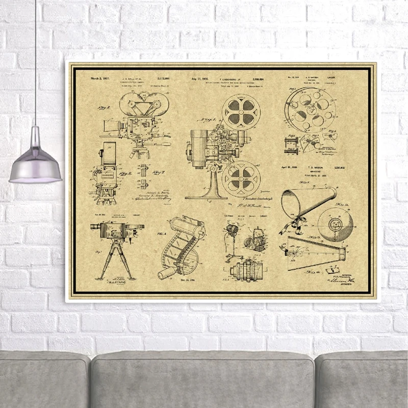 كاميرا الفيلم القديم براءات الاختراع طباعة ملصق خمر ، فيلم بكرة فيلم قطاع كاميرا مخطط الفن قماش اللوحة صور ديكور السينما