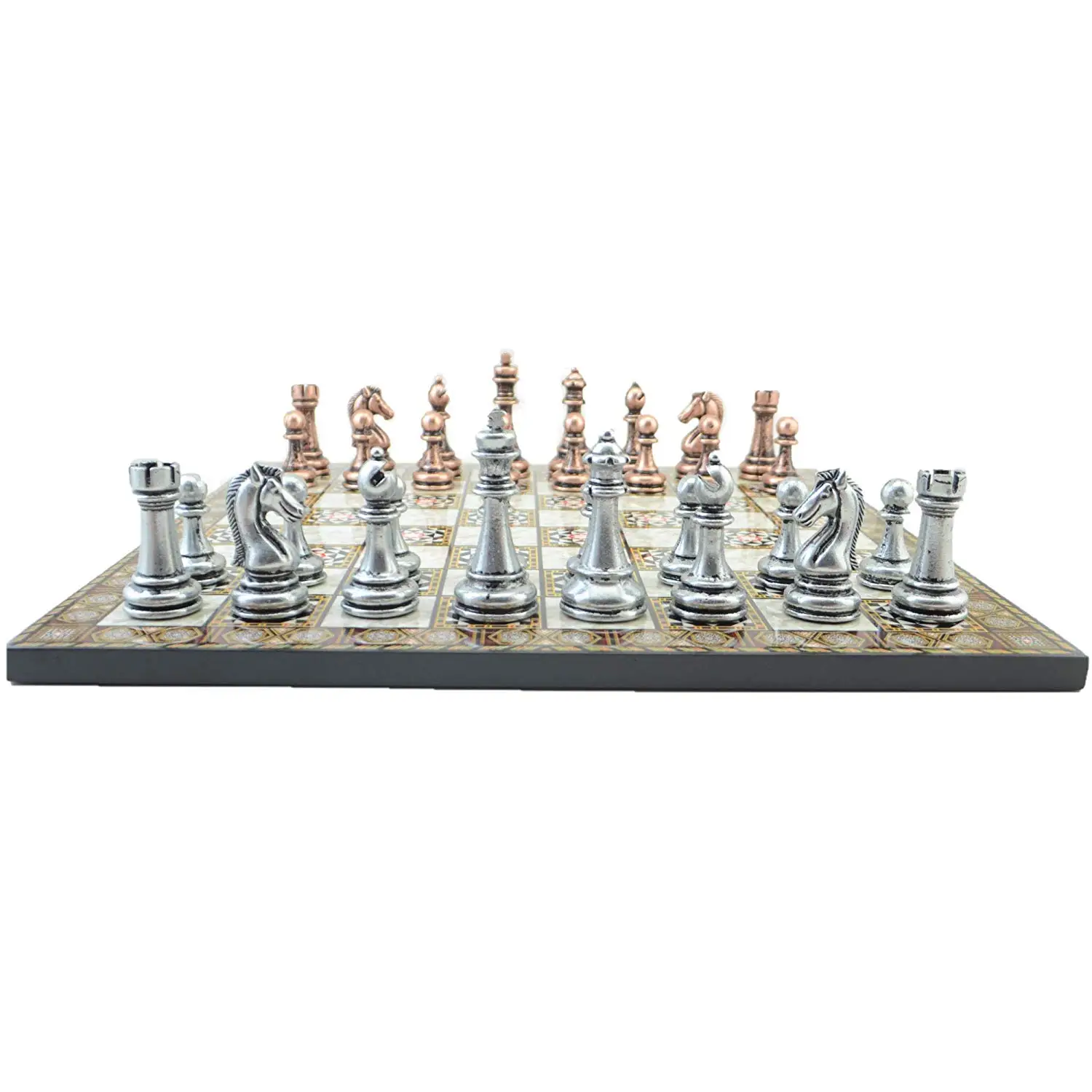 Classic Antique Copper Chess Set for Adult,Handmade Pieces and Mother-of-Mother Pearl Wood Design Chess Board King 7 cm