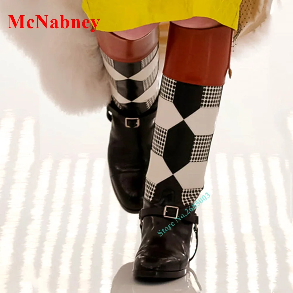 Mixed Colors Pointy Toe Boots Knee High Leather Buckles Patchwork Slip On Boot Women Shoe Autume Winter Party Dress Fashion Boot