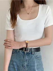 REALEFT 2024 New Summer Women's T-shirts Cotton Fashion Short Sleeve Solid Color Square Collar Casual Loose Women's Basic Tops