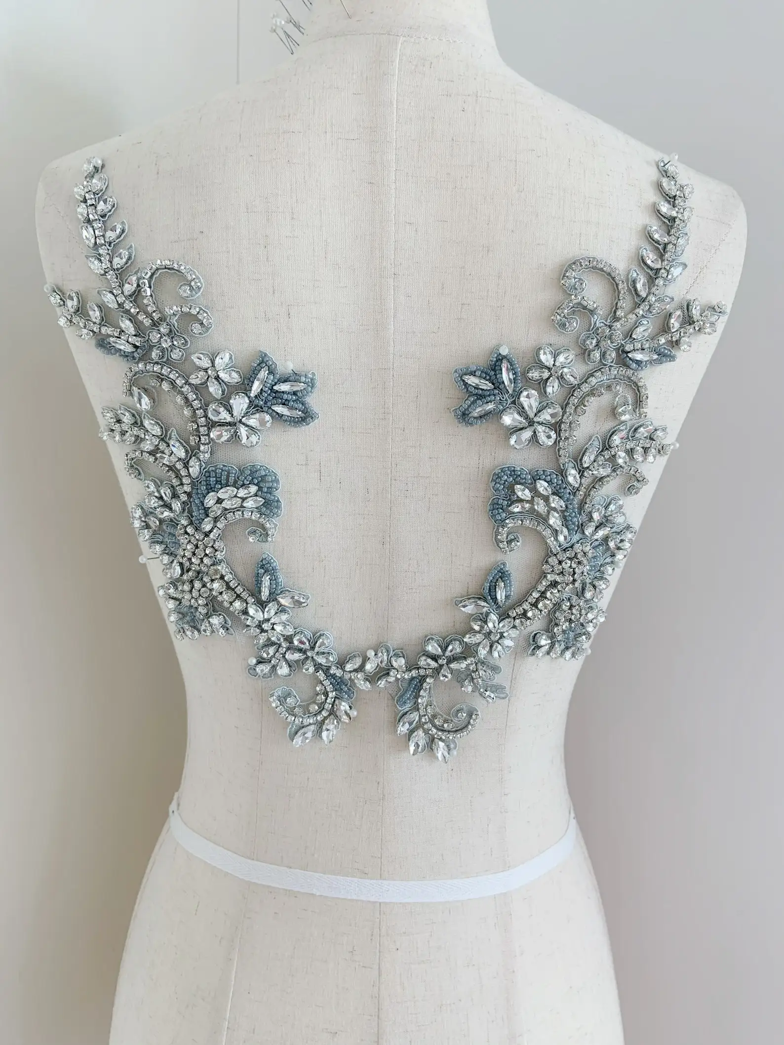 

Delicate Rhinestone Appliqué With Pale Blue Beads Sparkle Crystal Applique For Neckline And Back Couture Supplies