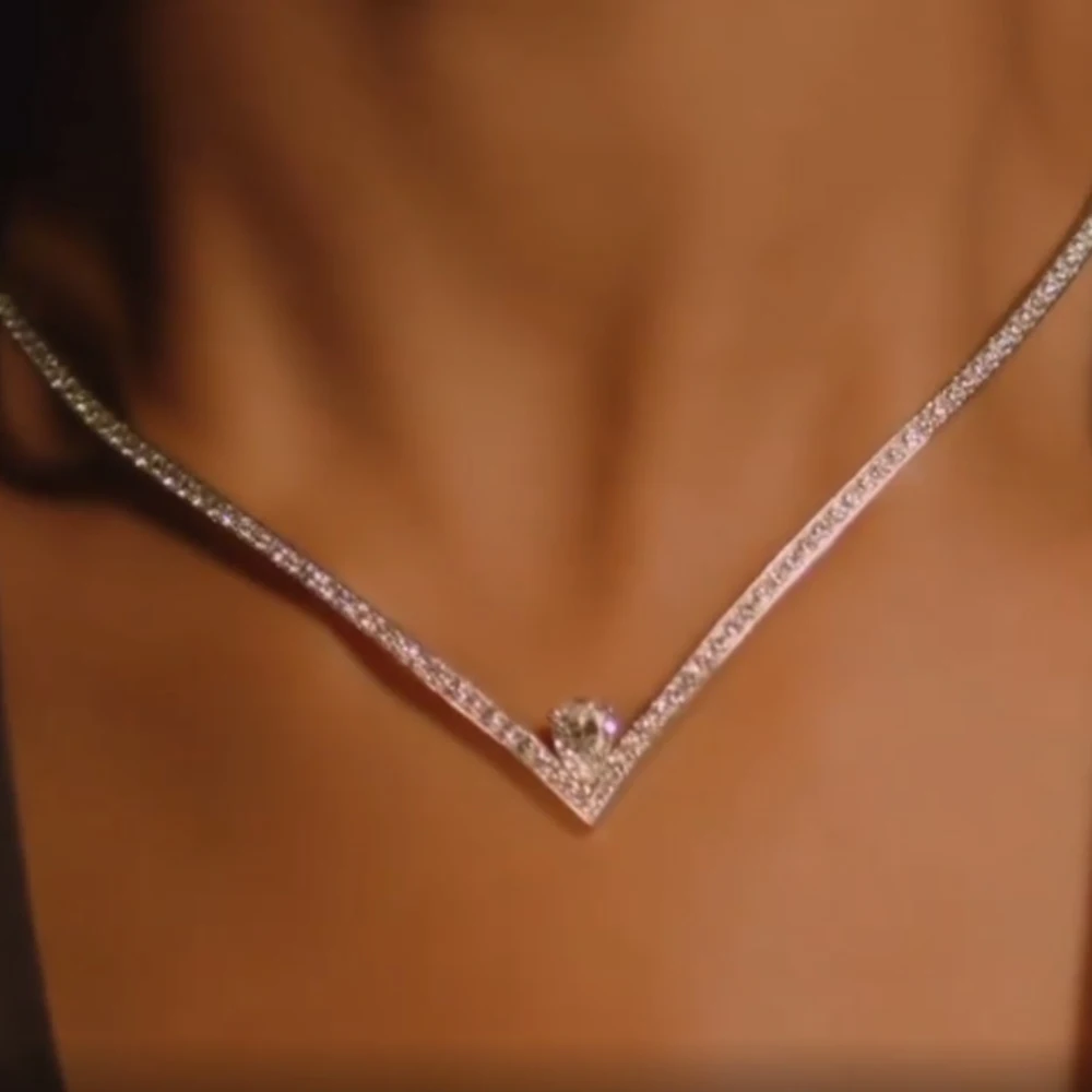 Stonefans V Shape Rhinestone Neckalce Choker Wedding for Women Statement Zircon Water Drop Tennis Chain Necklace Party Jewelry
