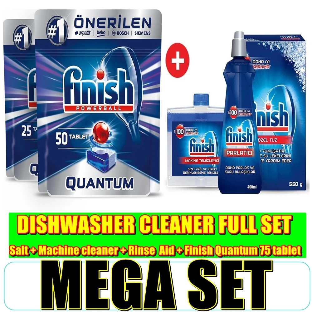 Finish Quantum Powerball Dishwasher Detergent Dish Cleaner Tabs Cleaning Dishwashing Tablet + Salt + Machine Cleaner + Rinse Aid