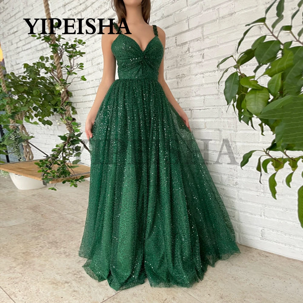 Glittery A-lijn Eevening Jurken V-hals Backless Spaghetti Strap Lovertjes Moderne Groene Bruidsjurk Robes De Soiree فساتين السهرة