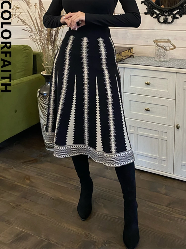 Colorfaith New Knitted Striped Chic Flare Vintage High Waist Elegant Warm Lady 2022 Spring Autumn Women Skirt Long Skirts SK1518