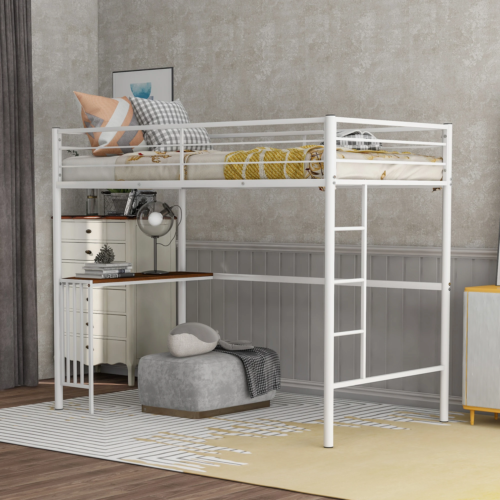 Twin Metal Bunk Bed with Desk Ladder and Guardrails Loft Bed for Bedroom White/Black/Silver[US-W]