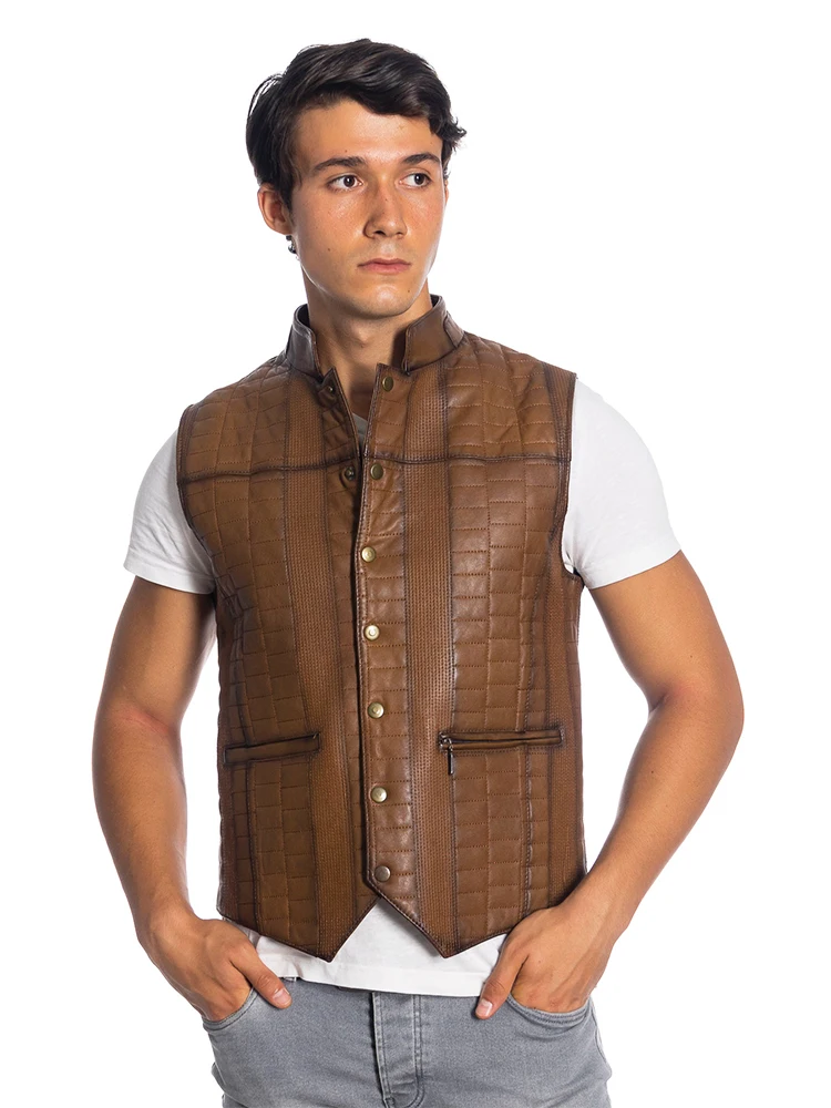 Genuine Soft Leather Handmade Brown Man Vest Biker Style High Quality Lambskin Autumn Winter Gift For Valentine's Day