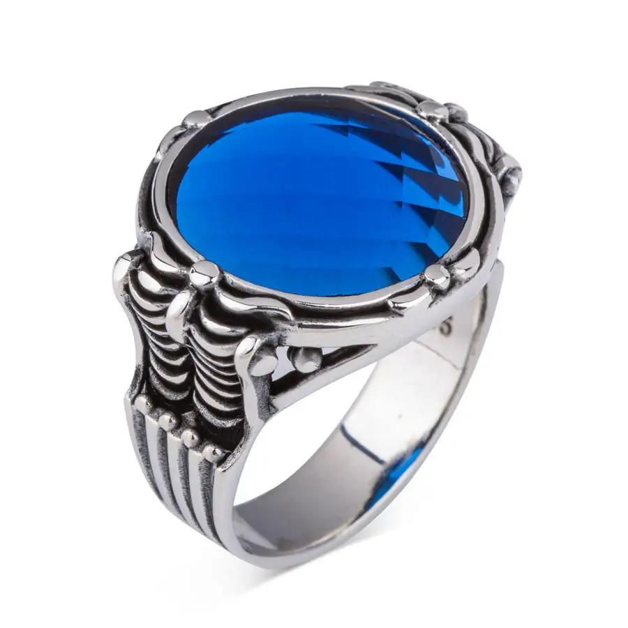 Egyptian Crown Blue Zircon Stone Silver Men's Ring Fashion Turkish Premium Quality Handmade Jawelery