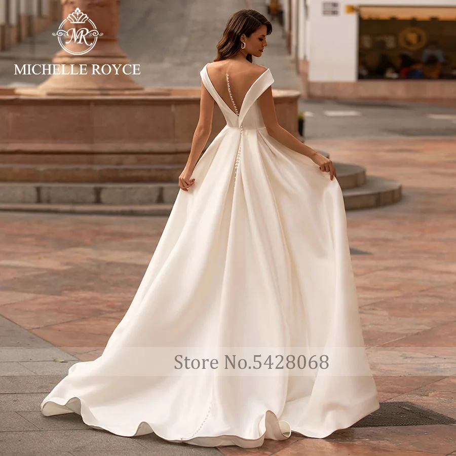 Michelle Royce A-Ling Wedding Dresses Elegant V-Neckline Short Sleeve Elegant Button Chapel Train Bridal Gowns Vestido De Noiva