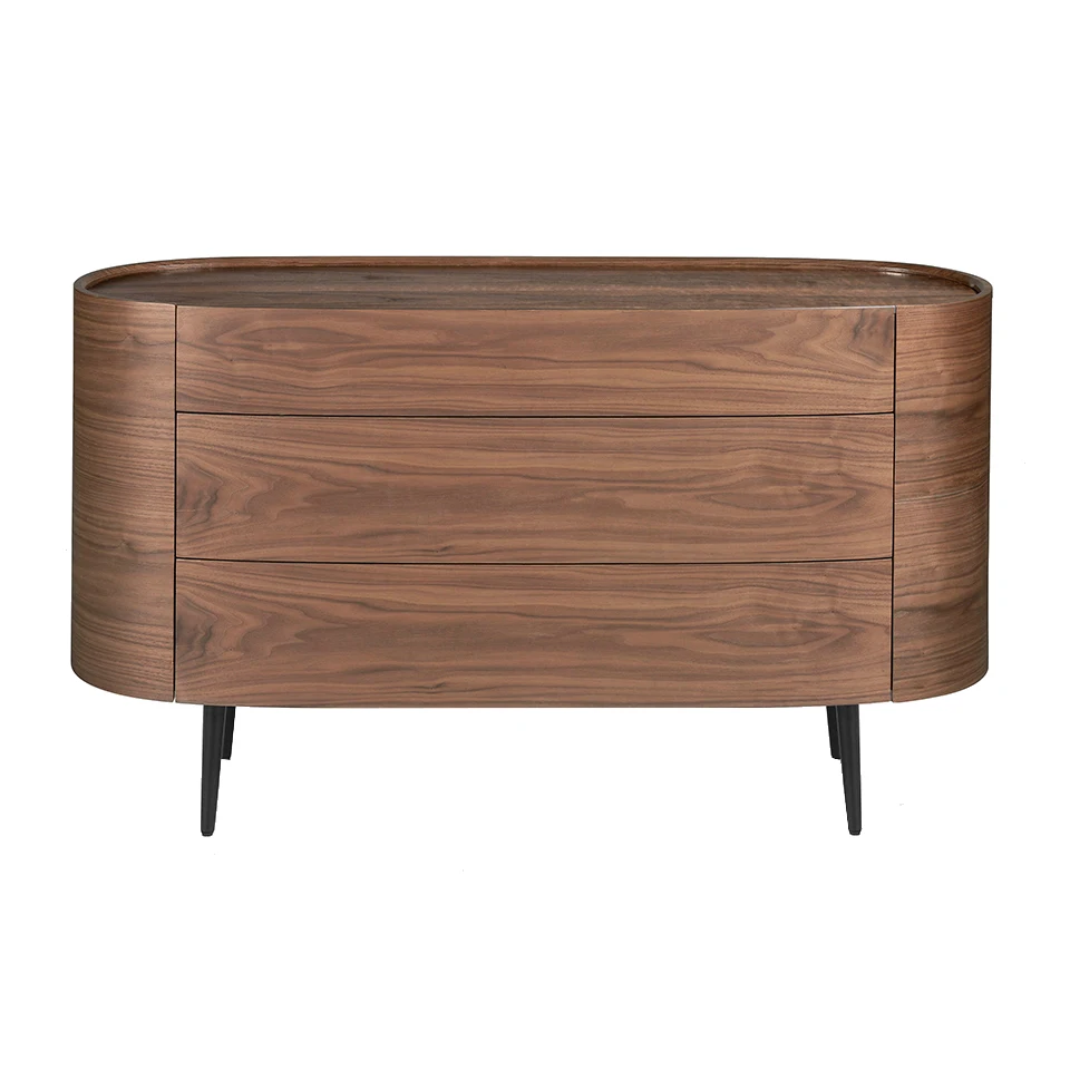 Comfortable 7075 Angel Cerdá-comfortable oval made of walnut-plated wood with 3 hidden drawers. Black stainless steel legs.