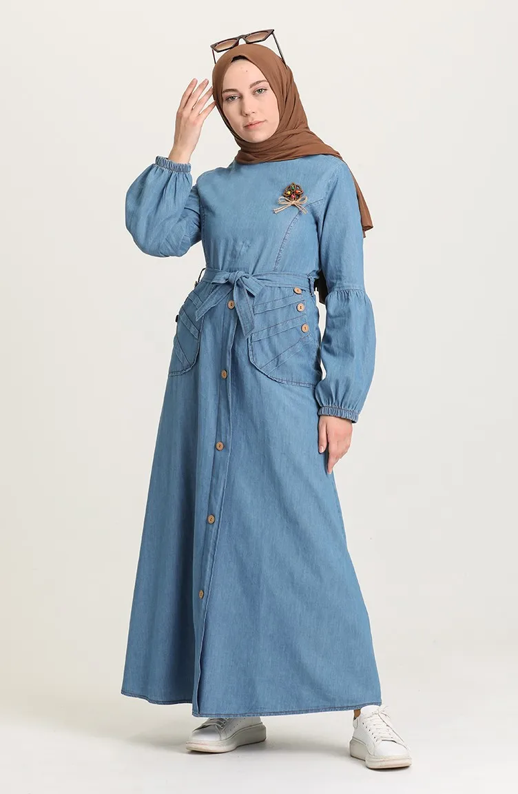 Gilet Through-hole Button Arch Handle Denim Dress Dark Blue muslim long abaya women Dubai turkish hijab girl Islamic clothing big