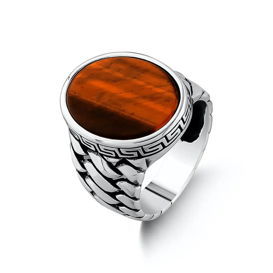 Silver Men Brown Tiger Eye Stone Ring for Men 925 Sterling Silver Collocation Fashion Natural Vintage Antique Jewelry Gift