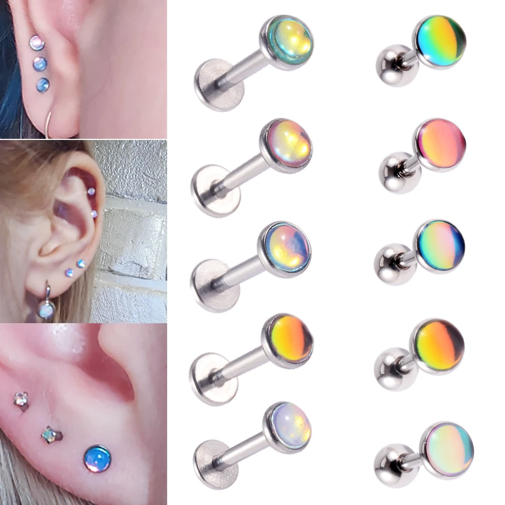 1PC 16g 361L Surgical Steel Flash Film Glitter Gem Flat Back Labret Stud Ear Tragus Cartilage Helix Earring Piercing Jewelry