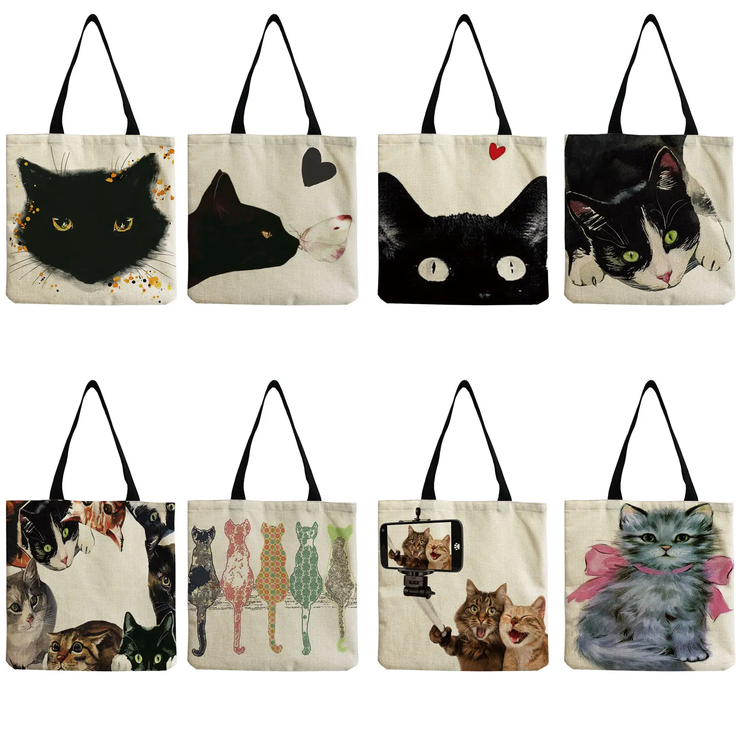 

Cute Cartoon New Cat Shoulder Foldable Shopping Bag Japanese Style Animal Printed Bag Storage Tote Bag Large Capacity Travel Bag