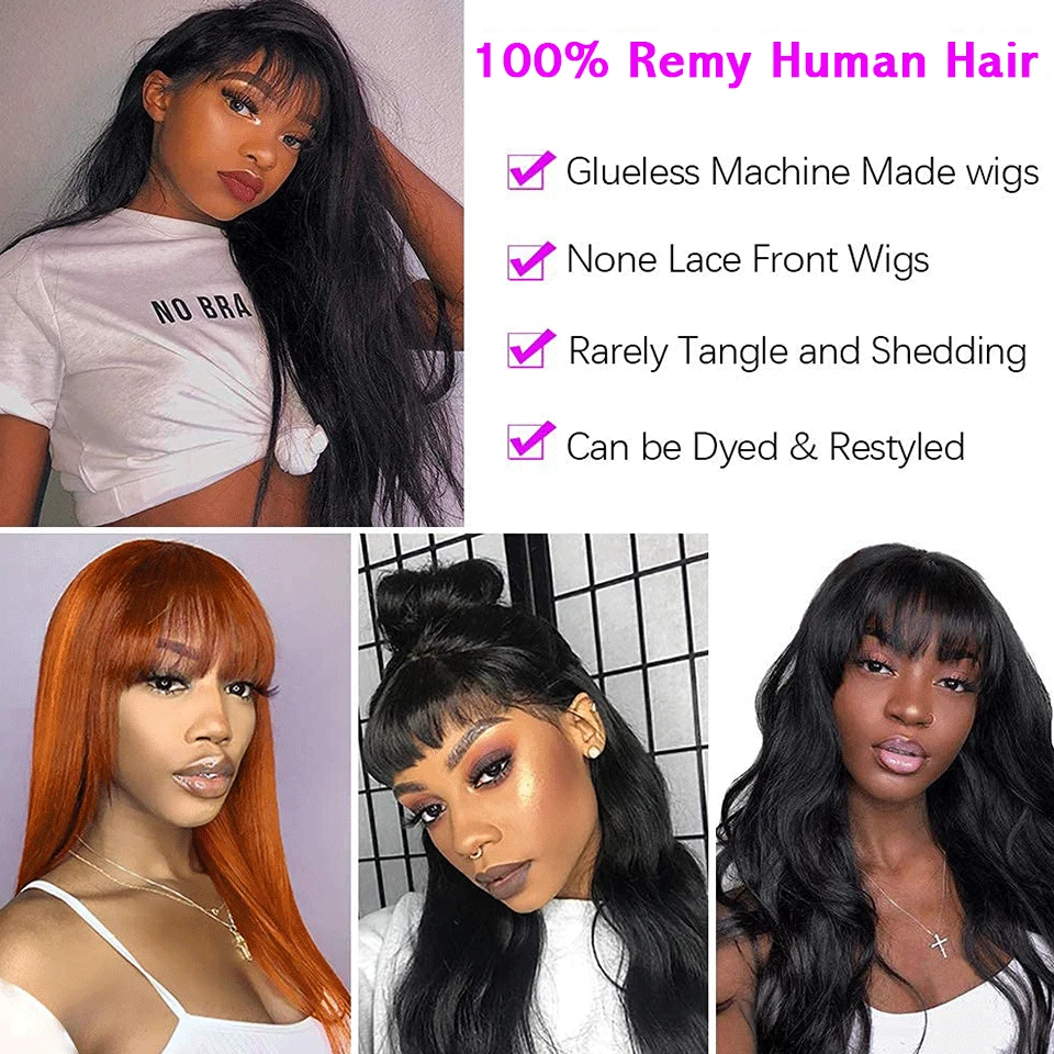 32 34 Inch Straight Human Hair Fringe Wig With Bangs Remy Brazilian Human Hair Machine Made Wig For Women Glueless Wig