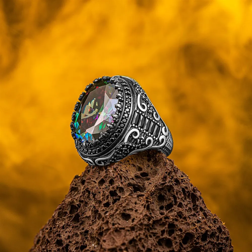 Genuine 925 Sterling Silver Turkish Ring for Men Natural Mystic Topaz Mens Ring Cool Punk Male ZirconRings  Fashion Jewelry Gift