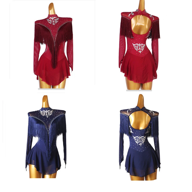 

navy blue red fringe Figure Skating Dress Women girl Ice Skating Dress Gymnastics Costume custom crystal rhinestone B069