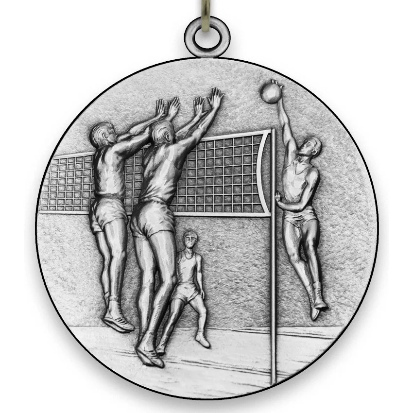 Large Metal  - Volleyball Medal - Male - Silver - 6,4 cm - with Neck Ribbon size 2,2cm x 80 cm, Choice of Ribbon Colours.