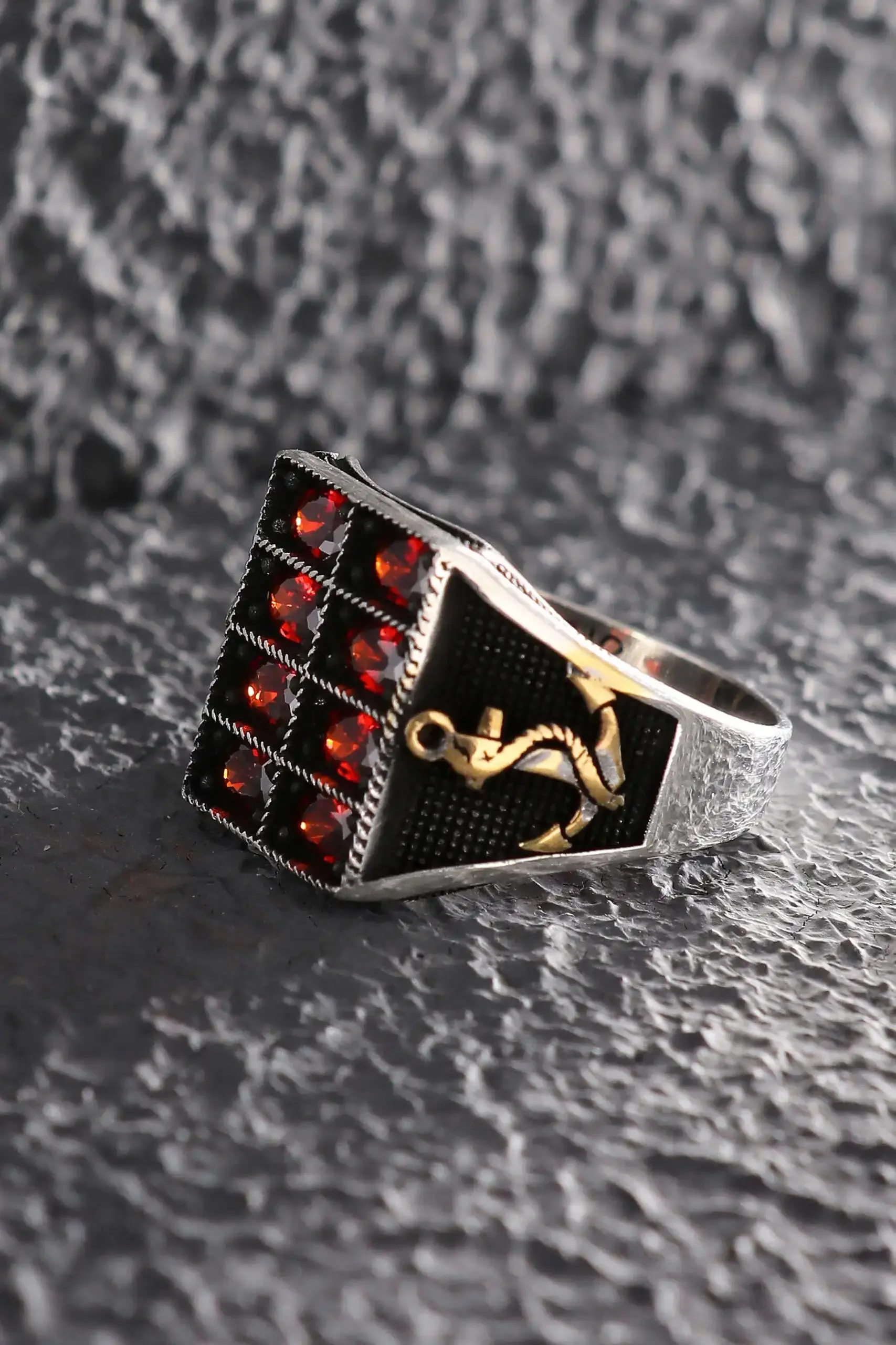 

Rectangle Red Zircon Stone Ship Anchor Patterned Handmade Casual Stylish Men's Ring Gift Accessory