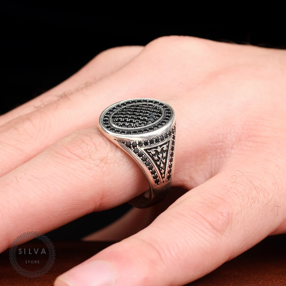 Original Sterling 925 Silver Men's ring With Black Zircon Stones. Men's Jewelry All Sizes Are Available