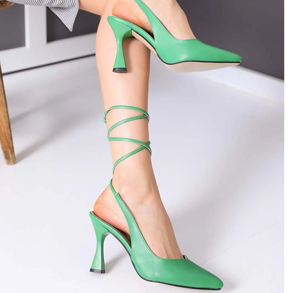 Green Faux Leather Ankle Strap Sandals for Women High Heels 2023 Ladies Dress Shoes and Sandals Pumps Heels for Women 7 cm