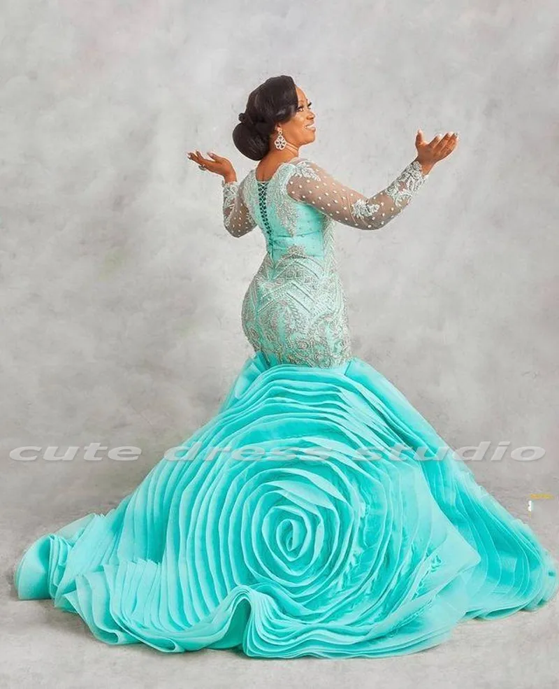 Mint Mermaid Evening Dresses Long Sleeves Tulle Beading Crystal Aso Ebi Plus Size Prom Gowns for Women Party Wear Organza