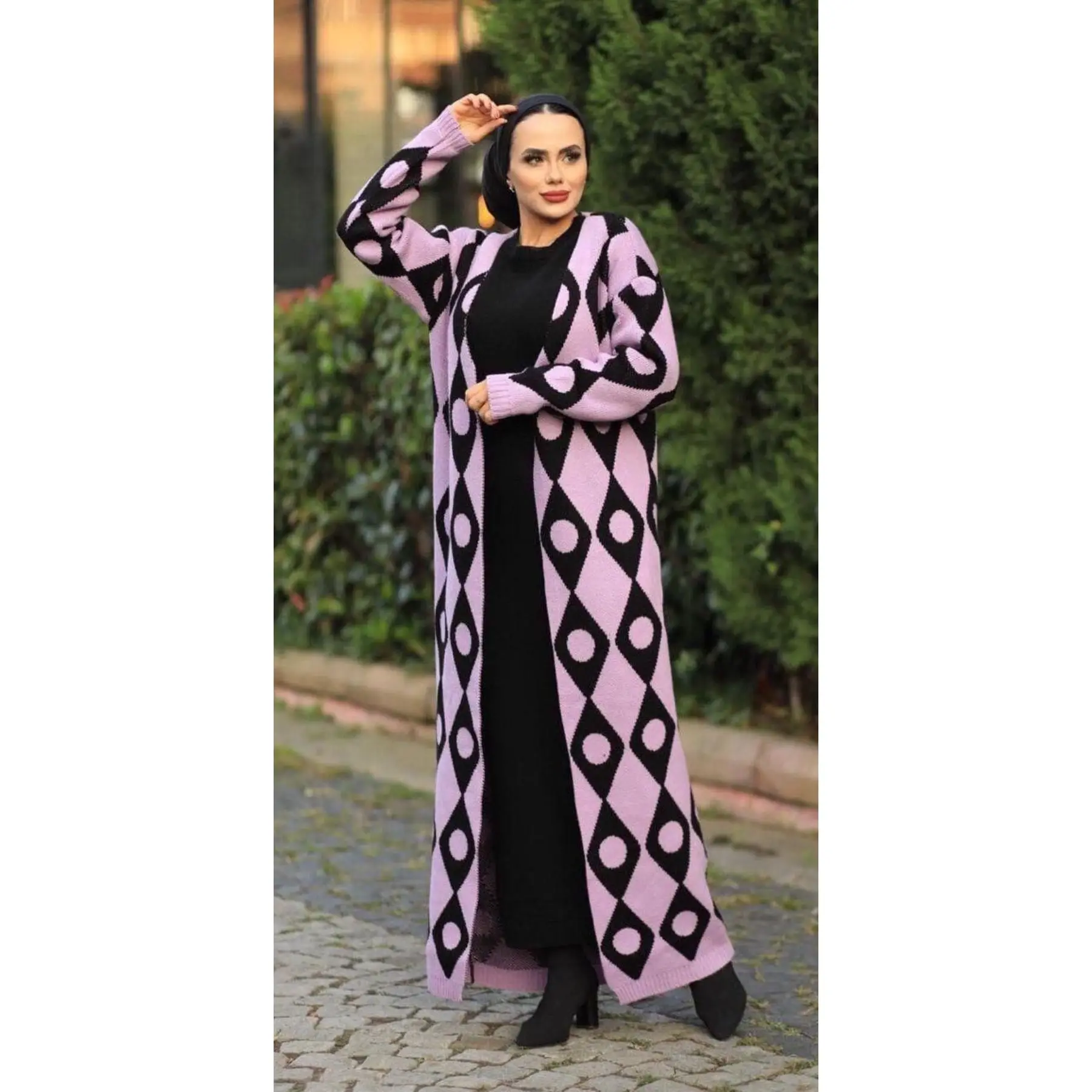 2 Piece Women\'s Set Polkadot Patterned Knitwear Maxi Long Sleeve Dress and Maxi Cardigan Long Sleeve Turkey Muslim Fashion 2021