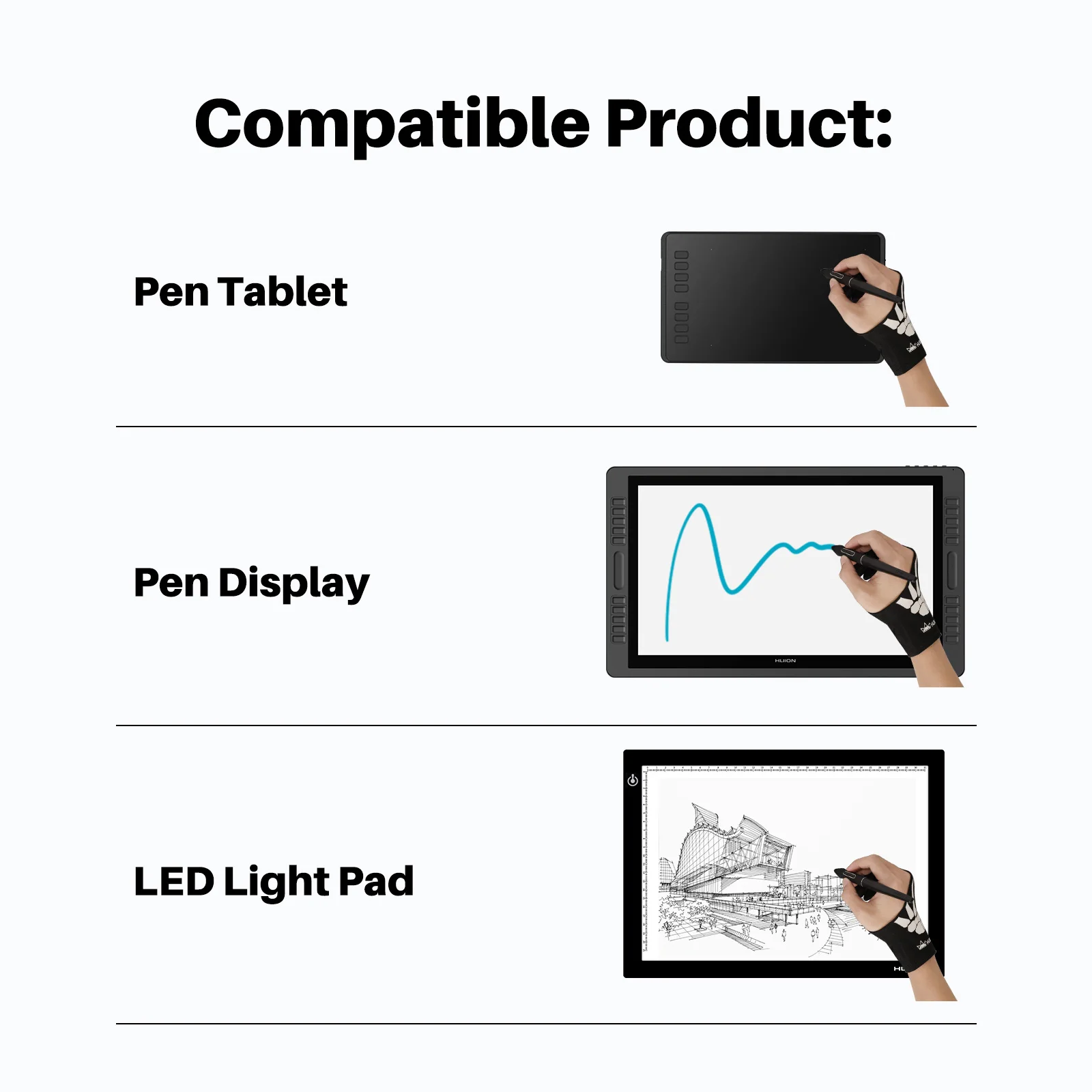 HUION скелетоны дизайн с двумя пальцами анти-обрастание художественная перчатка для дисплея графического планшета светильник тбокс панель Эскиз Рисование