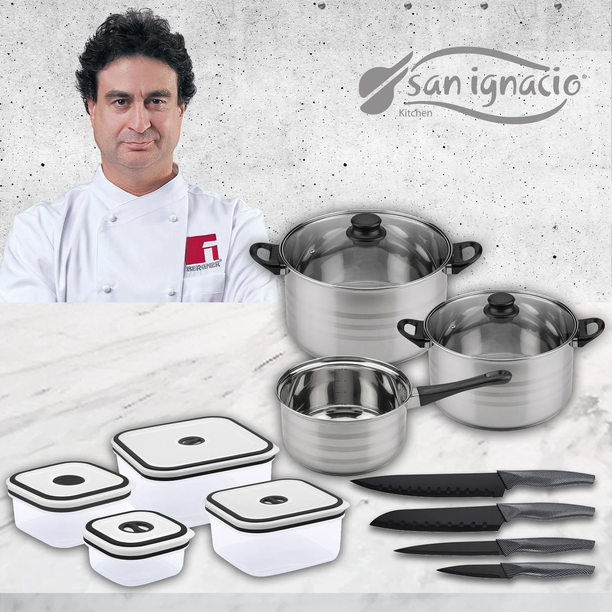 Kitchen battery 5 pieces and kitchen knives in stainless steel and hermetic fiambreras SAN IGNACIO