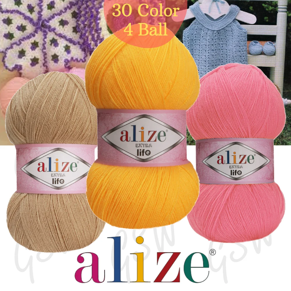 Alize Extra Life Hand Knitting Yarn, 4 Ball, Bath Fiber, Booties, Lace, Blanket - Fantasy Sweater - Hobby - Socks- Amigurumi-