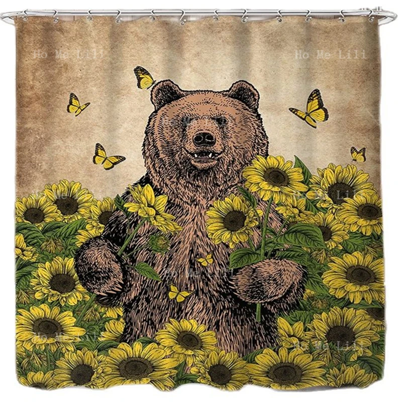 Funny Bear Animal Brown Farmhouse Country Hand Say Hello Spring Flower Rustic Sunflower Shower Curtain Bathtub Accessory