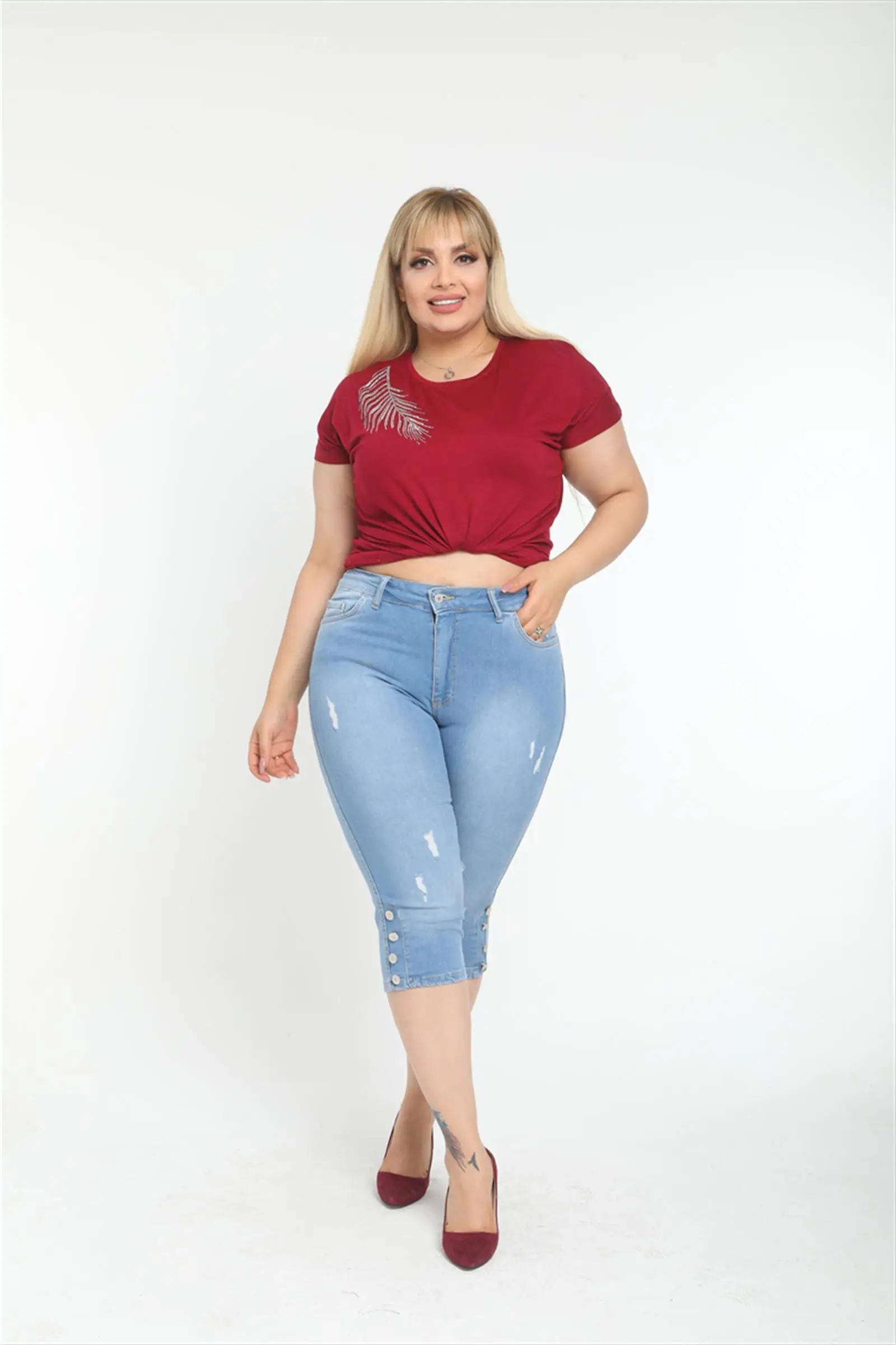 Diaves Plus Size Woman Summer Fashion High Waist Skinny Ripped Capris Button Detailed Denim Jeans Turkish Quality