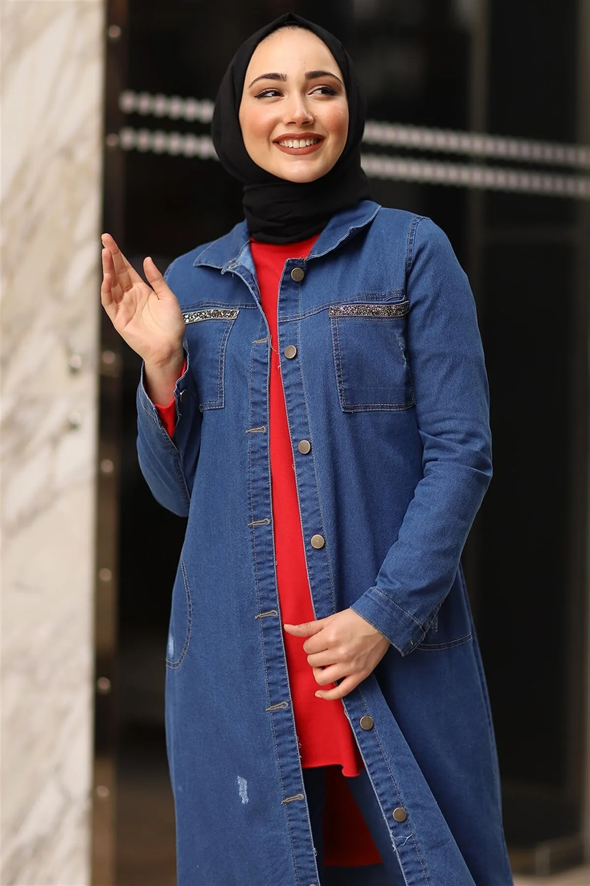 Pockets Sequins Detail Long Denim Jacket Light MaviKot Jacket Blue Star Pattern big size PANTS TUNIC SUMMER 2021müslüman long dress