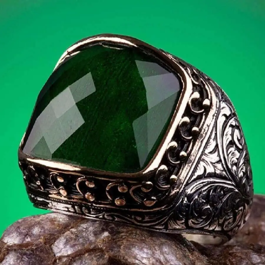 925 Sterling Silver Inlaid Mens Ring with Green Zircon Stone Fashion Turkish Premium Quality Handmade Jawelery