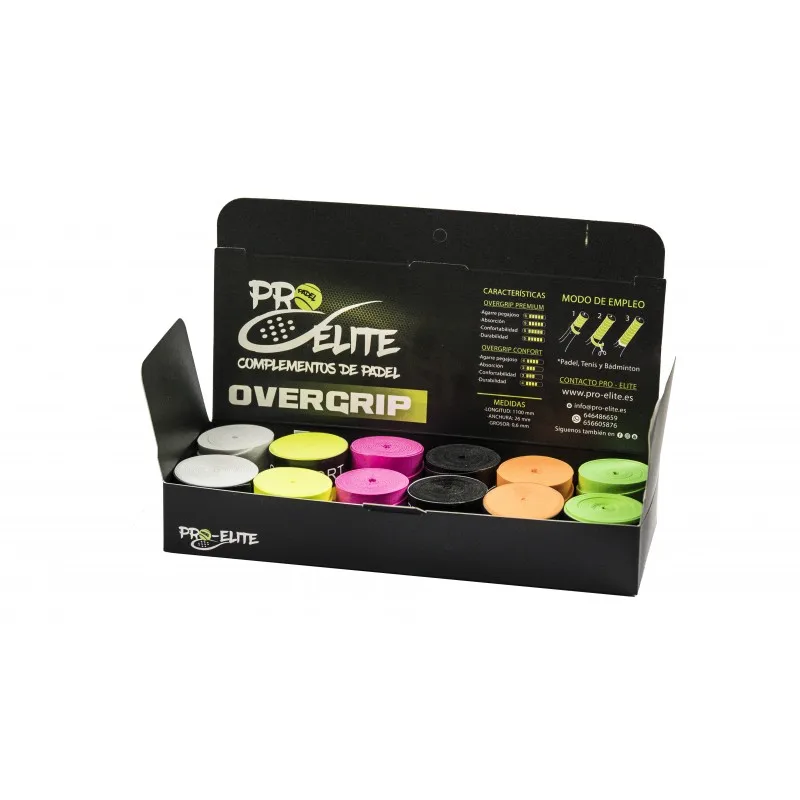 PRO-ELITE. Box 10 + 2 plain comfort OVERGRIPS for PADEL, tennis and BADMINTON. We are Spanish brand. Free shipping 24H