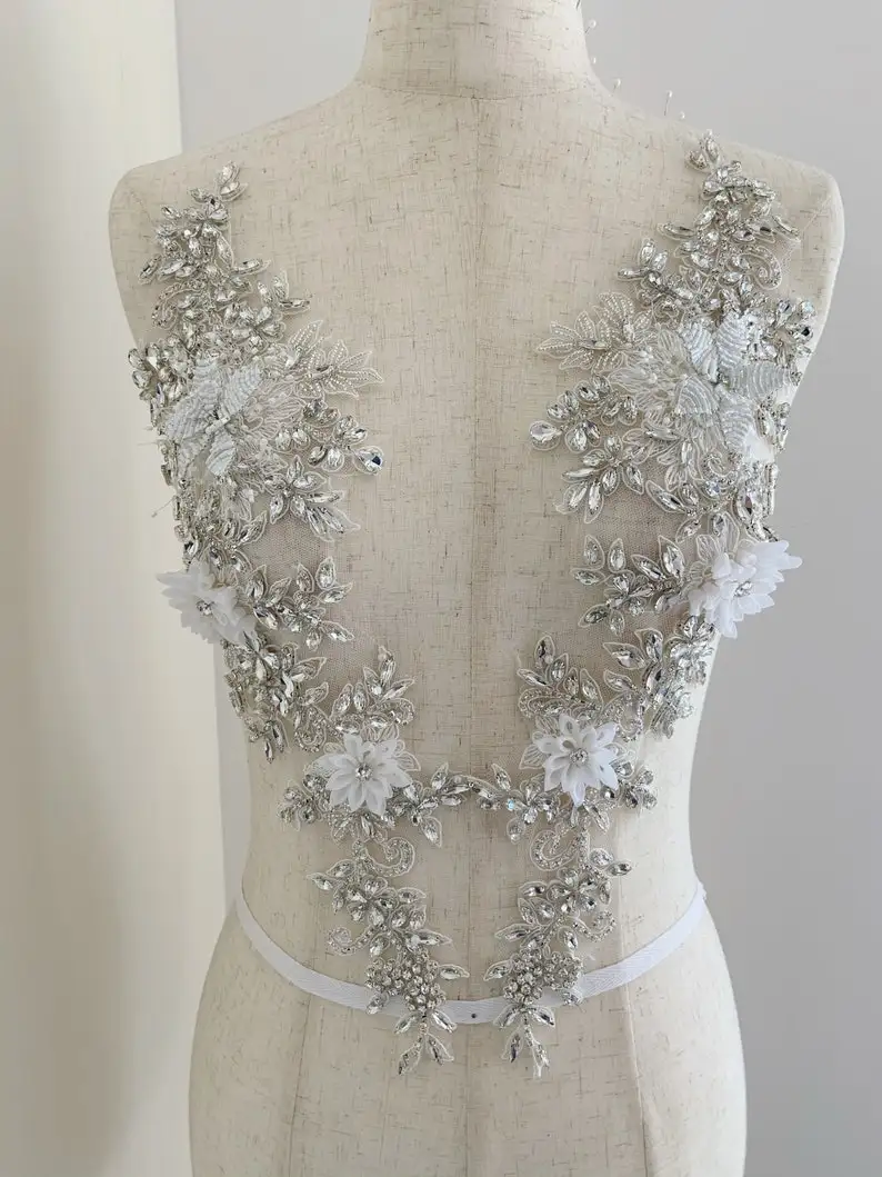 Silver Rhinestone Appliqué With 3d Hand Crafted Flowers French Bead Bodice Patch For Couture Dance Costume, Bridal Dress,