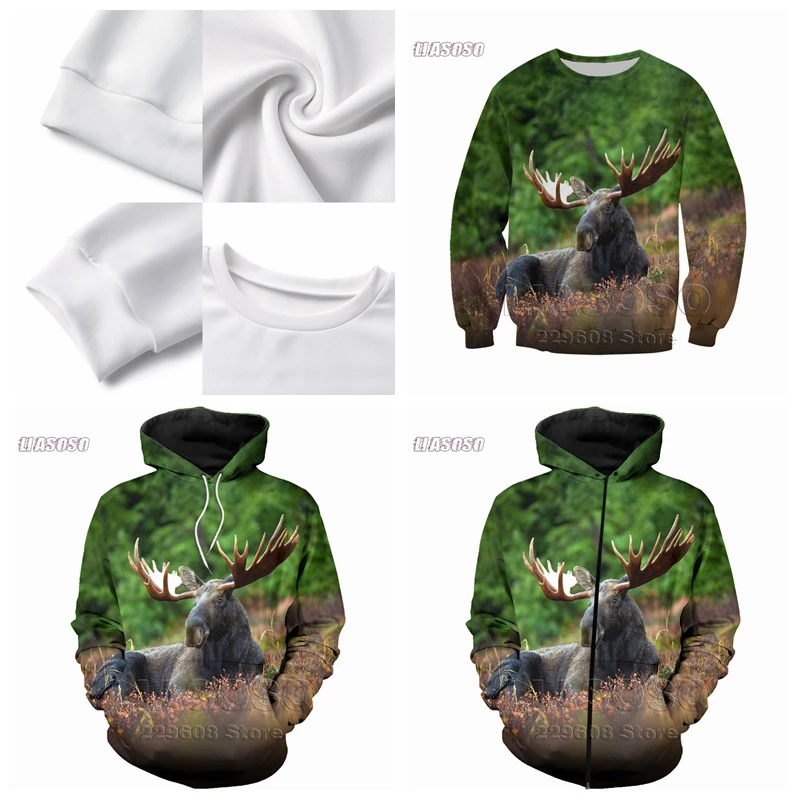 LIASOSO New Full print Fashion Animal Elk Sweatshirt Men Women Shooting Zip Hoodie Crewneck Pullover Streetwear Popular clothing