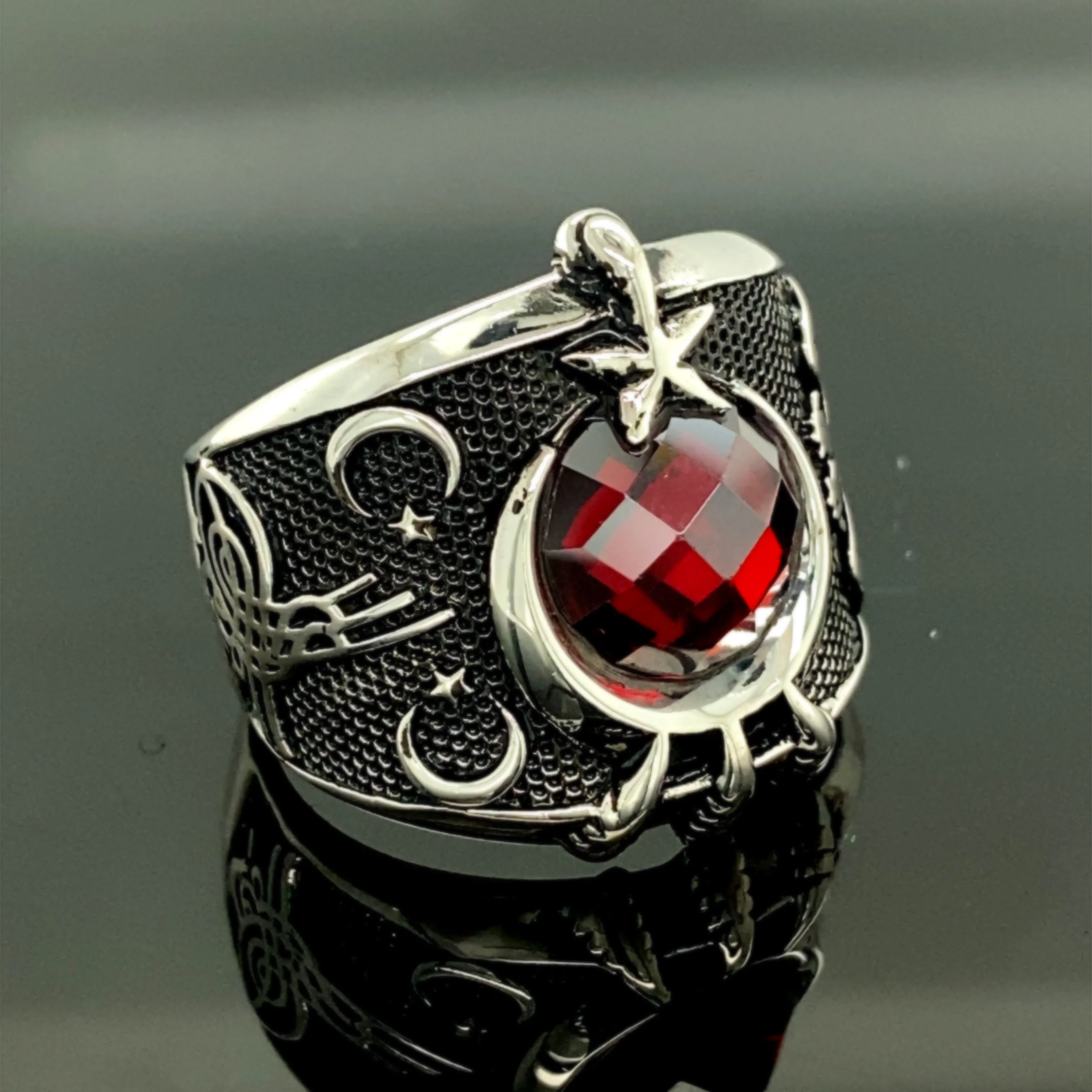 Handmade Turkish Flag Silver Ring , İslamic Ring , Moon And Star Ring , 925 Sterling Silver Symbolic Ring , Gift For Him