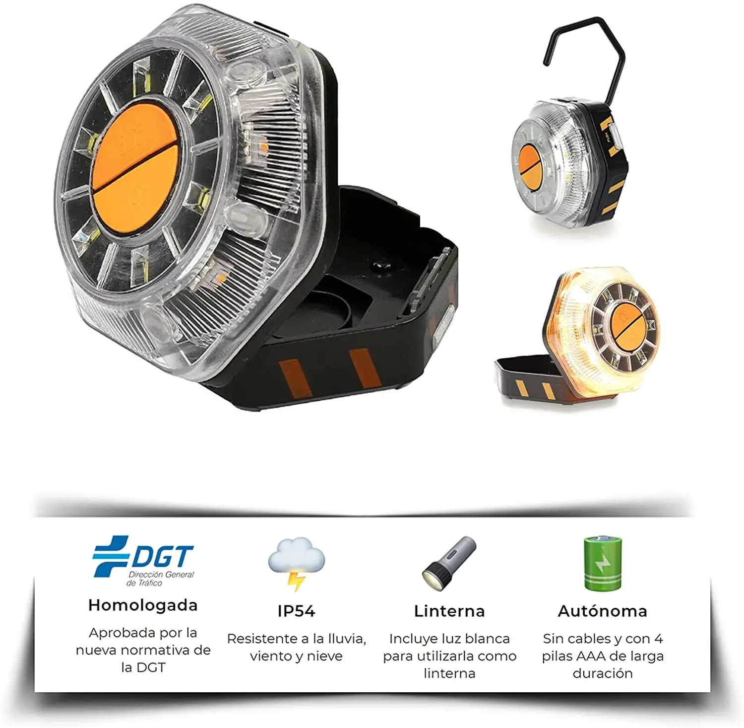 Car motorcycle emergency light, DGT approved, 16V LED danger signage, Safety light, LED flashlight function Al