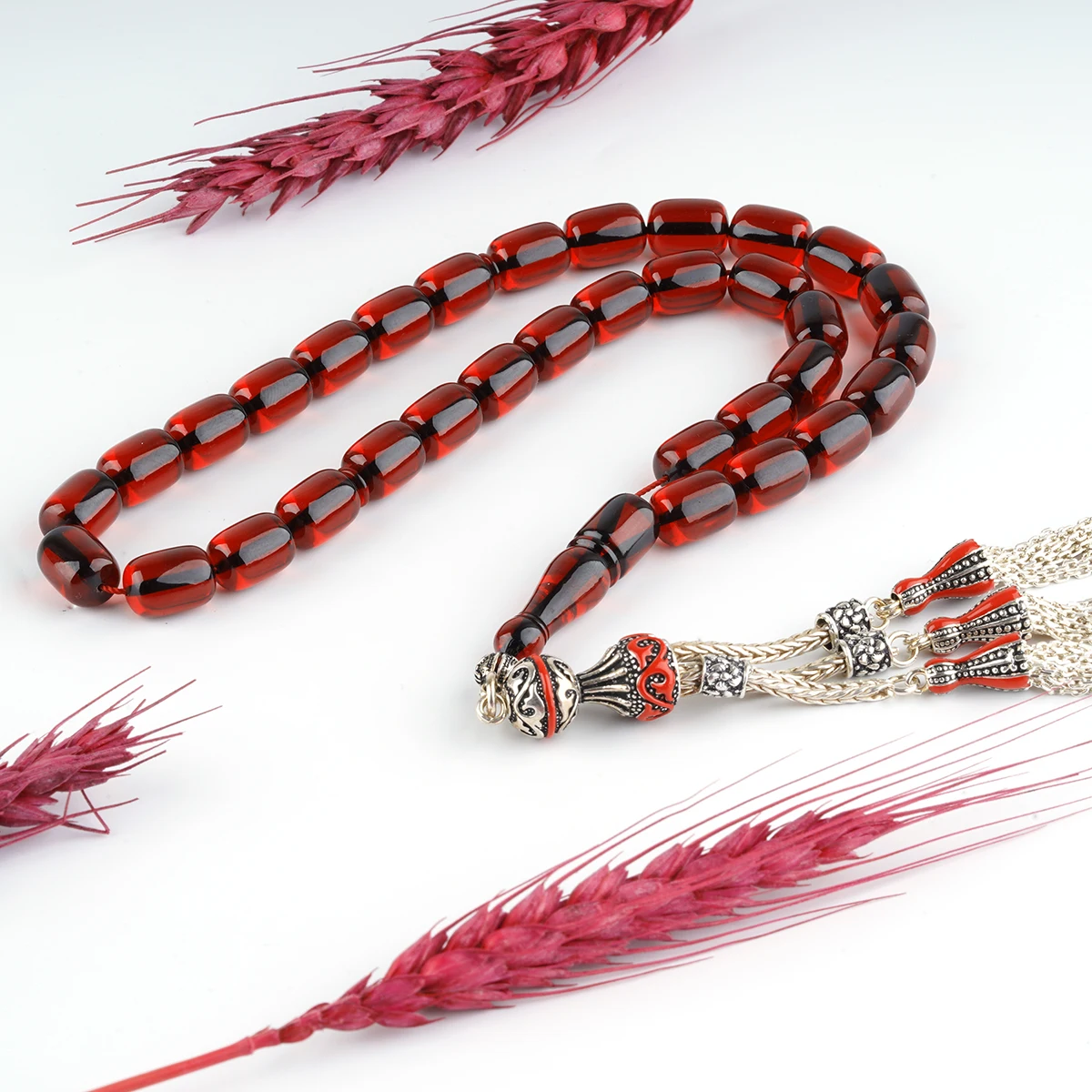 REVIST High Quality Guaranteed 925 Sterling Silver For Men Tassel Amber 33 Pcs Rosary size 10mm color: red and Yellow