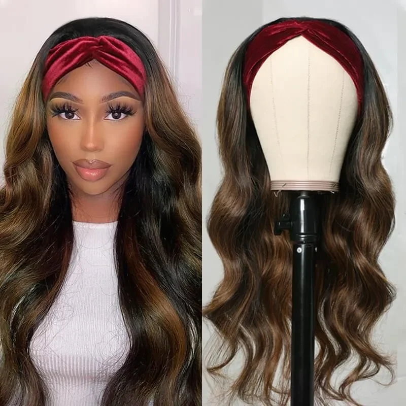 Unice Hair Balayage Headband Wig Human Hair Body Wave Highlight Wig No Glue No Gel Human Hair Wigs with Pre-attached Scarf